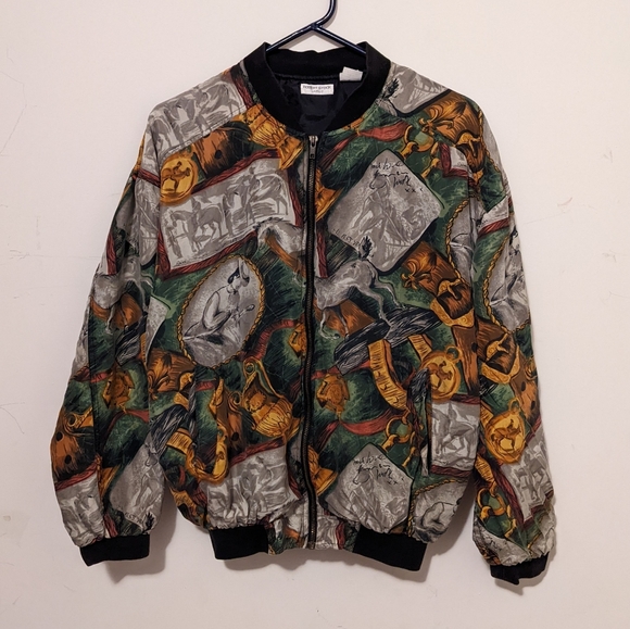 Vintage 90s Equestrian Silk Bomber Jacket M - Picture 1 of 10